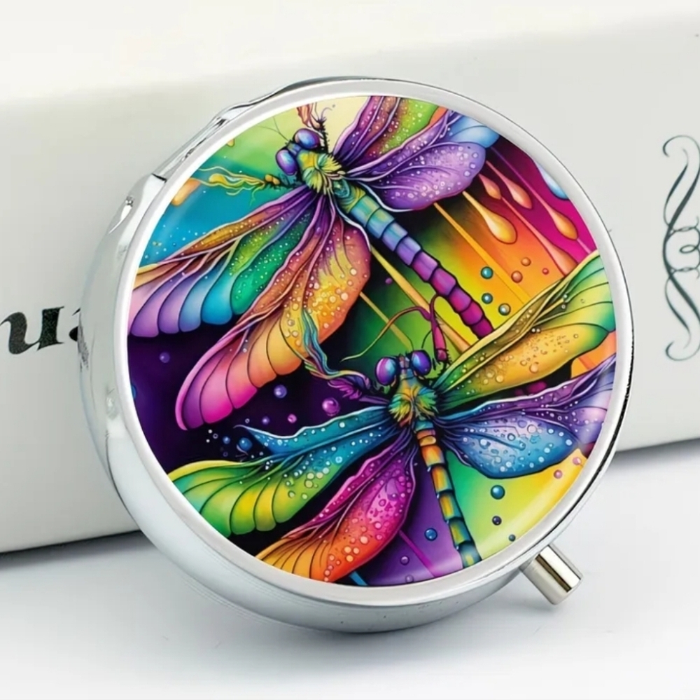 🆕️💊 COLOURFUL DRAGONFLY PORTABLE METAL PILL BOX ORGANIZER WITH MIRROR💊